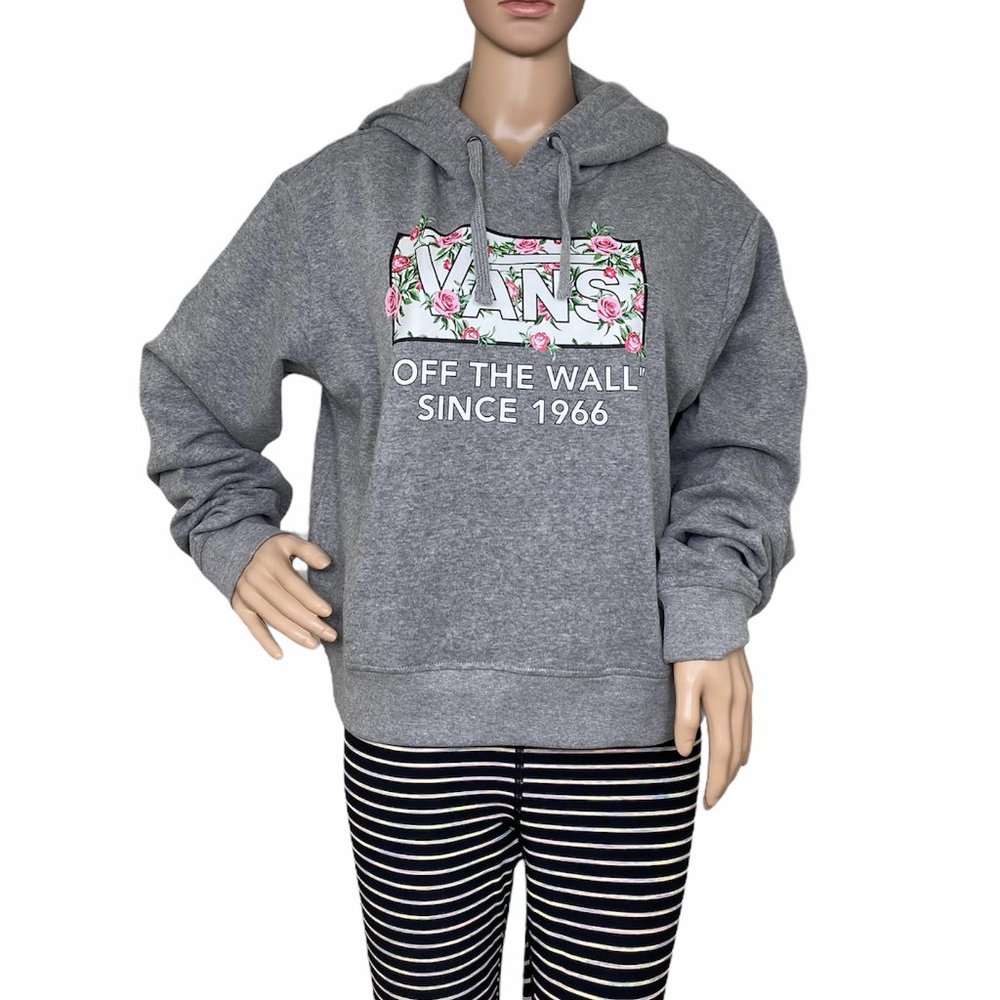 💖MEGA SALE💖VANS Original HOODIE Grey Pullover Logo Roses Women VN0A4DIFGRH
